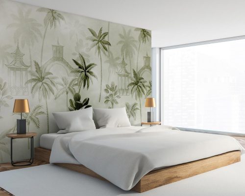 Green Tropical and Palm Trees in Gray Background Wallpaper Mural A10150800 for bedroom