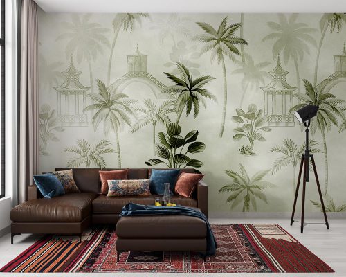 Green Tropical and Palm Trees in Gray Background Wallpaper Mural A10150800 for living room