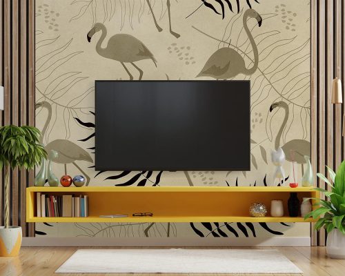 Cream Flamingos Wallpaper Mural A10151100 behind TV