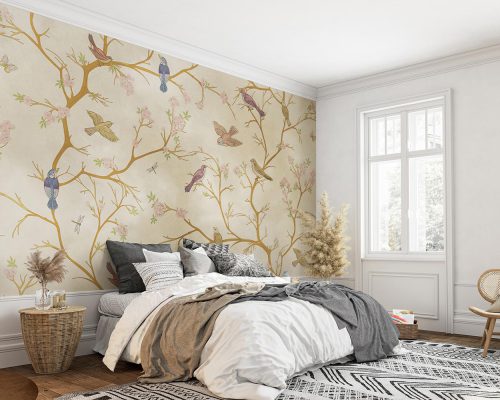 Birds on Tree Branches in Cream Background Wallpaper Mural A10151400 for bedroom