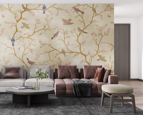 Birds on Tree Branches in Cream Background Wallpaper Mural A10151400 for living room