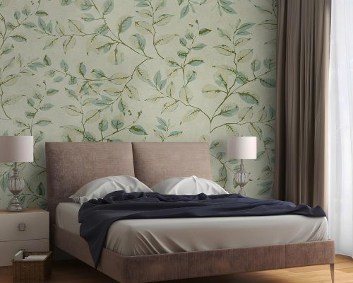 Green Leaves in Gray Background Wallpaper Mural A10151500 for bedroom
