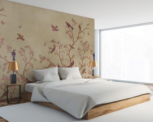 Birds and Pink Blossoms in Cream Background Wallpaper Mural A10152700 for bedroom