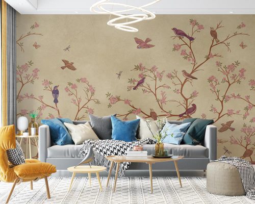 Birds and Pink Blossoms in Cream Background Wallpaper Mural A10152700 for living room