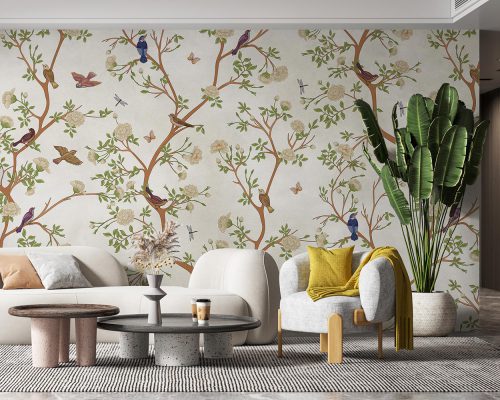 Birds and White Blossoms in White Background Wallpaper Mural A10152800 for living room