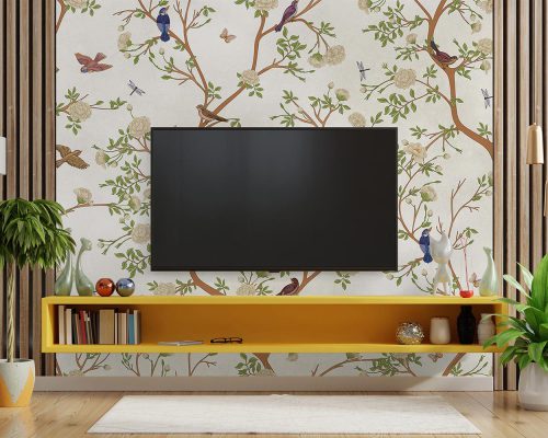 Birds and White Blossoms in White Background Wallpaper Mural A10152800 behind TV