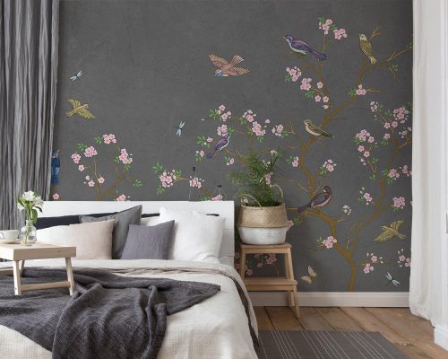 Birds and Pink Blossoms in Dark Gray Background Wallpaper Mural A10153000 for bedroom