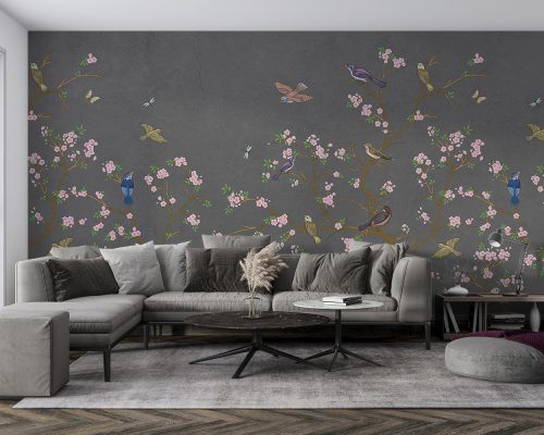 Birds and Pink Blossoms in Dark Gray Background Wallpaper Mural A10153000 for living room