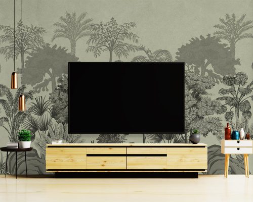 Black and White Tropical Trees Wallpaper Mural A10155100 behind TV