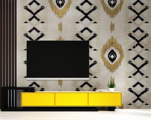 Gray Traditional Geometric Ethnic Ikat Pattern Wallpaper Mural A10156000 behind TV
