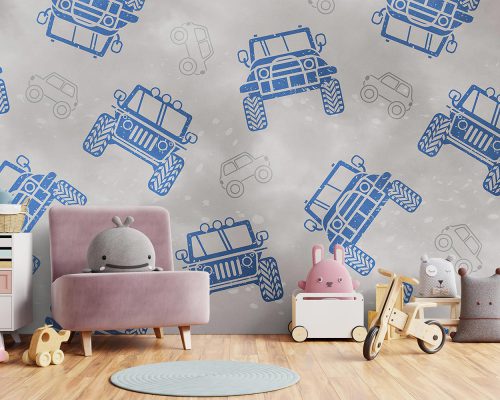 Blue Cartoon Jeep Pattern in Gray Background Wallpaper Mural A10156300 for baby boy room