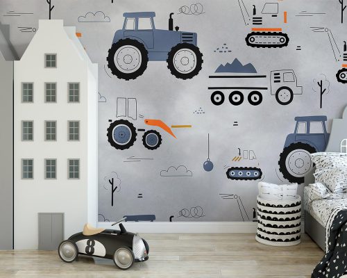 Cartoon Tractors and Trucks in Gray Wallpaper Mural A10156400 for kids room