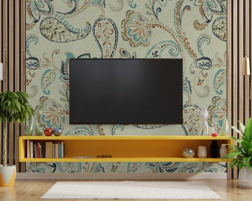 Paisley Pattern in Gray Background Wallpaper Mural A10157700 behind TV