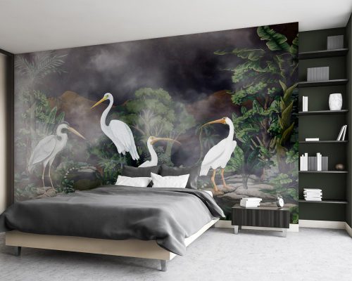 White Storks in Lush Jungle Wallpaper Mural A10158200 for bedroom