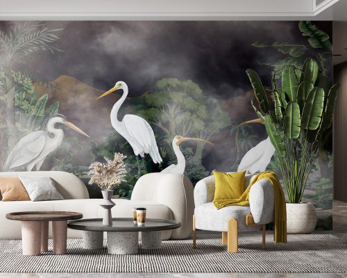 White Storks in Lush Jungle Wallpaper Mural A10158200 for living room