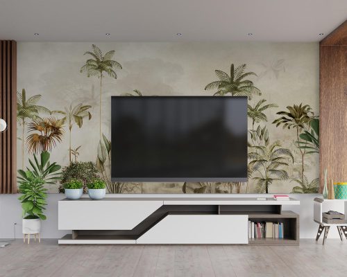Tropical and Palm Trees in Gray Background Wallpaper Mural A10158500 behind TV