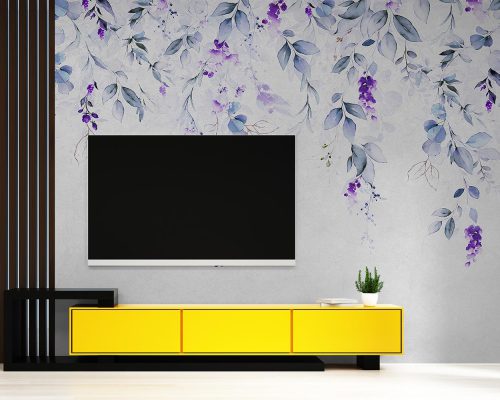 Blue and White Floral Wallpaper Mural A10158600 behind TV