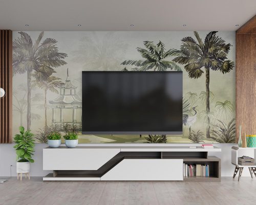Green Tropical Forest and Chinese Building Wallpaper Mural A10159700 behind TV