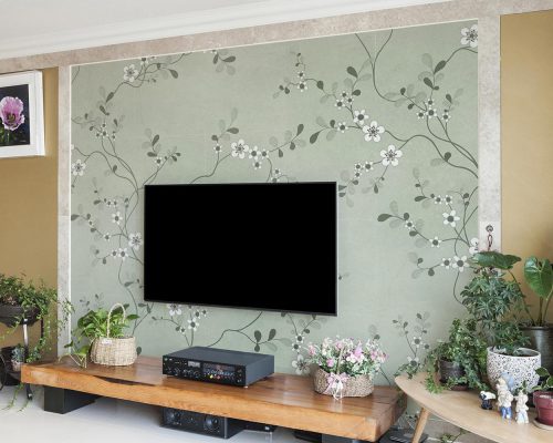 White Flowers in Gray Background Wallpaper Mural A10160000 behind TV