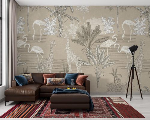 Cream Cartoon Animals and Tropical Trees Wallpaper Mural A10160400 for living room