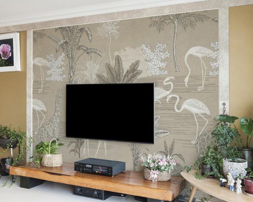 Cream Cartoon Animals and Tropical Trees Wallpaper Mural A10160400 behind TV