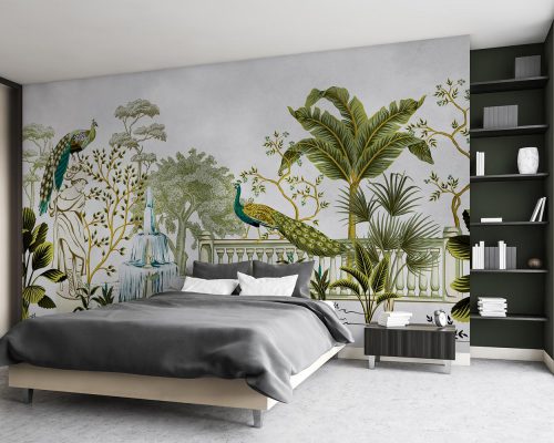 Peacocks and Palm Trees in a Garden Wallpaper Mural A10160600 for bedroom