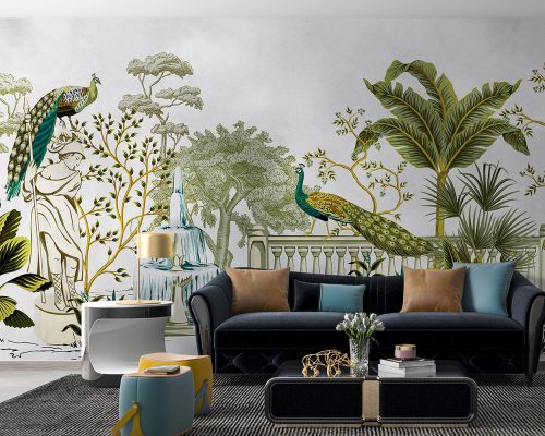 Peacocks and Palm Trees in a Garden Wallpaper Mural A10160600 for living room