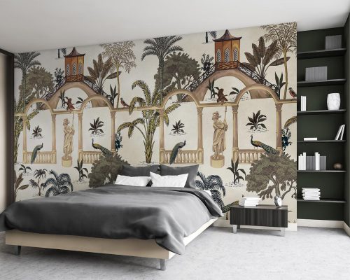 Peacocks and Trees in a Garden Wallpaper Mural A10160800 for bedroom