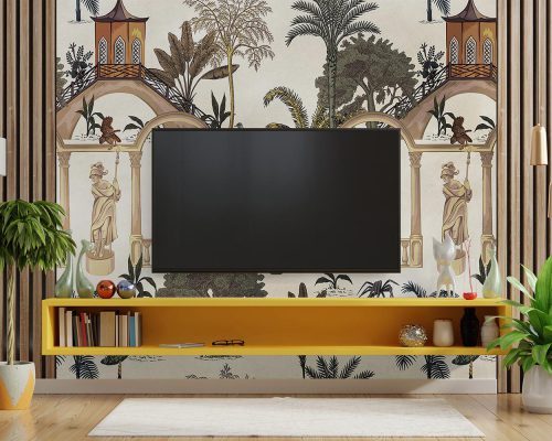 Peacocks and Trees in a Garden Wallpaper Mural A10160800 behind TV