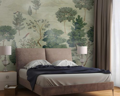 Green Trees in Cream Background Wallpaper Mural A10162400 for bedroom