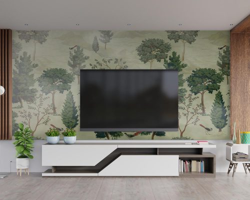 Green Trees in Cream Background Wallpaper Mural A10162400 behind TV