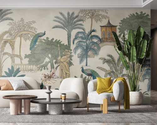 Peacocks and Palm Trees in a Garden Wallpaper Mural A10162500 for living room