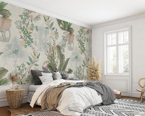 Flowers and Green Leaves in Gray Background Wallpaper Mural A10163700 for bedroom
