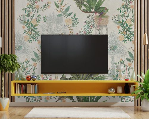 Flowers and Green Leaves in Gray Background Wallpaper Mural A10163700 behind TV