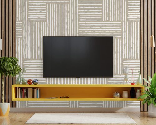 Cream Abstract Lines Wallpaper Mural A10164900 behind TV