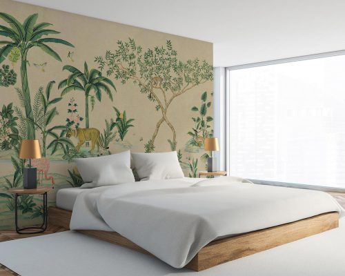 Cartoon Animals and Green Palm Forest in Cream Background Wallpaper Mural A10165600 for bedroom