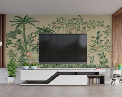 Cartoon Animals and Green Palm Forest in Cream Background Wallpaper Mural A10165600 behind TV