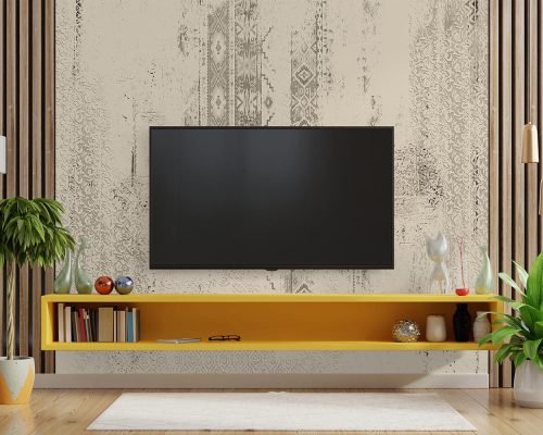 Cream Traditional Wallpaper Mural A10167400 behind TV