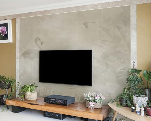 Cream Flamingo in Palm Forest Wallpaper Mural A10167600 behind TV