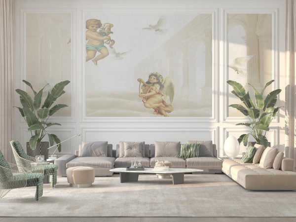 Angels and Doves in Cream Wallpaper Mural A10167700 for living room