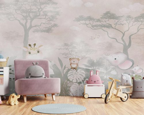 Gray Cartoon Animals in Forest Wallpaper Mural A10168600 for kids room
