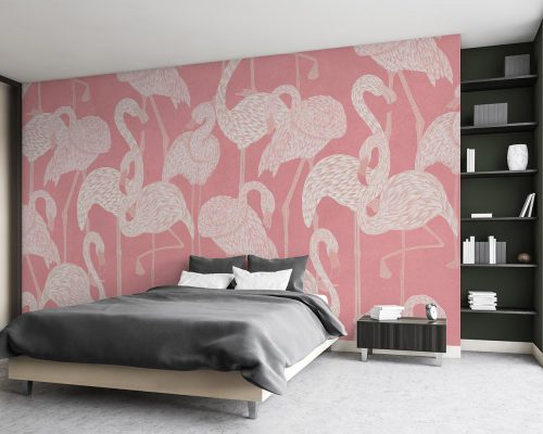 White Flamingos in Pink Background Wallpaper Mural A10170500 for bedroom