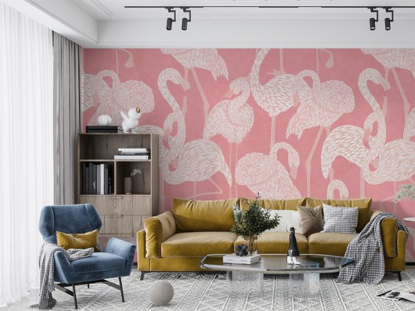 White Flamingos in Pink Background Wallpaper Mural A10170500 for living room