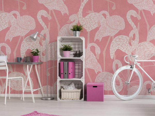 White Flamingos in Pink Background Wallpaper Mural A10170500 for girl room