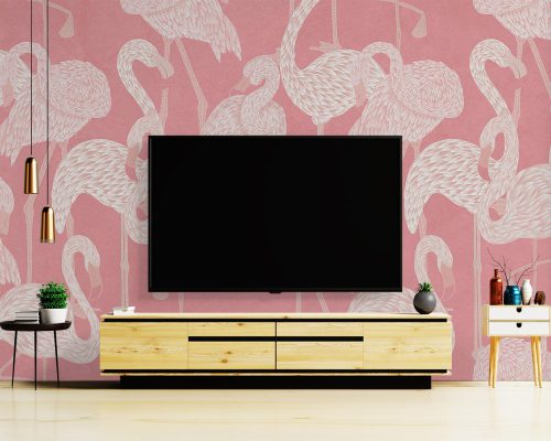 White Flamingos in Pink Background Wallpaper Mural A10170500 behind TV