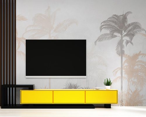 Palm Forest in Gray and Cream Wallpaper Mural A10172700 behind TV