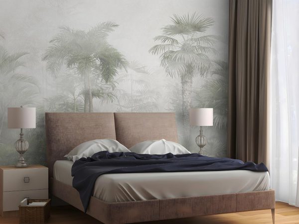 Gray and Green Palm Jungle in Mist Wallpaper Mural A10175200 for bedroom