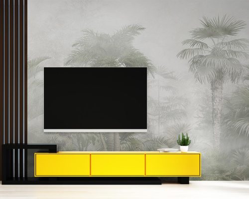 Gray and Green Palm Jungle in Mist Wallpaper Mural A10175200 behind TV