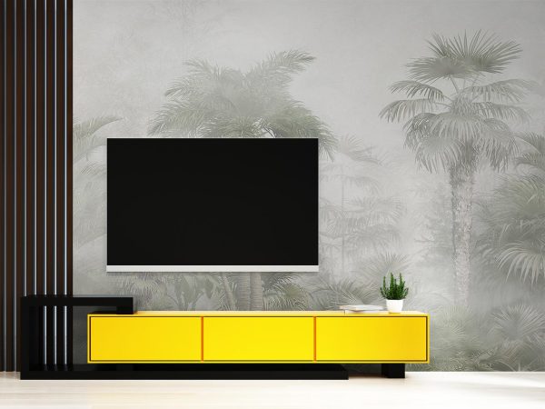 Gray and Green Palm Jungle in Mist Wallpaper Mural A10175200 behind TV