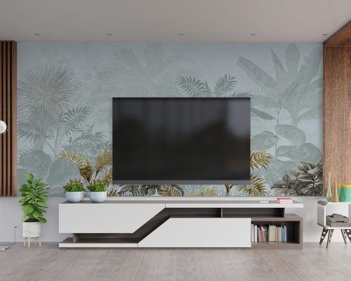 Gray and Green Tropical Forest Wallpaper Mural A10176000 behind TV